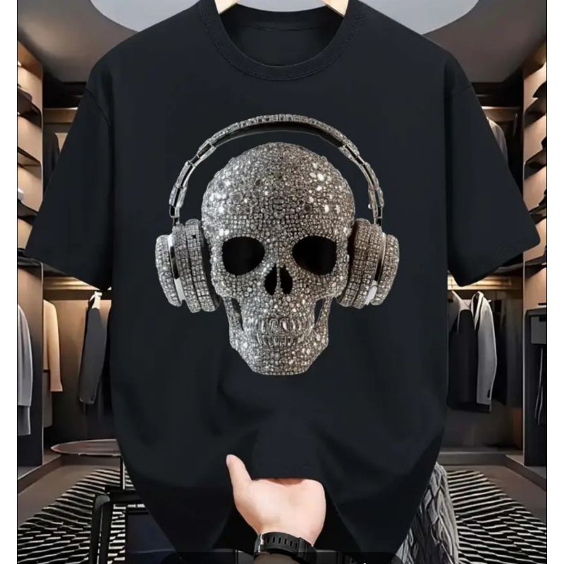 Camisa Camiseta CAVEIRA FONE Alto Estilo Confortável Gola Redonda 100% Algodão