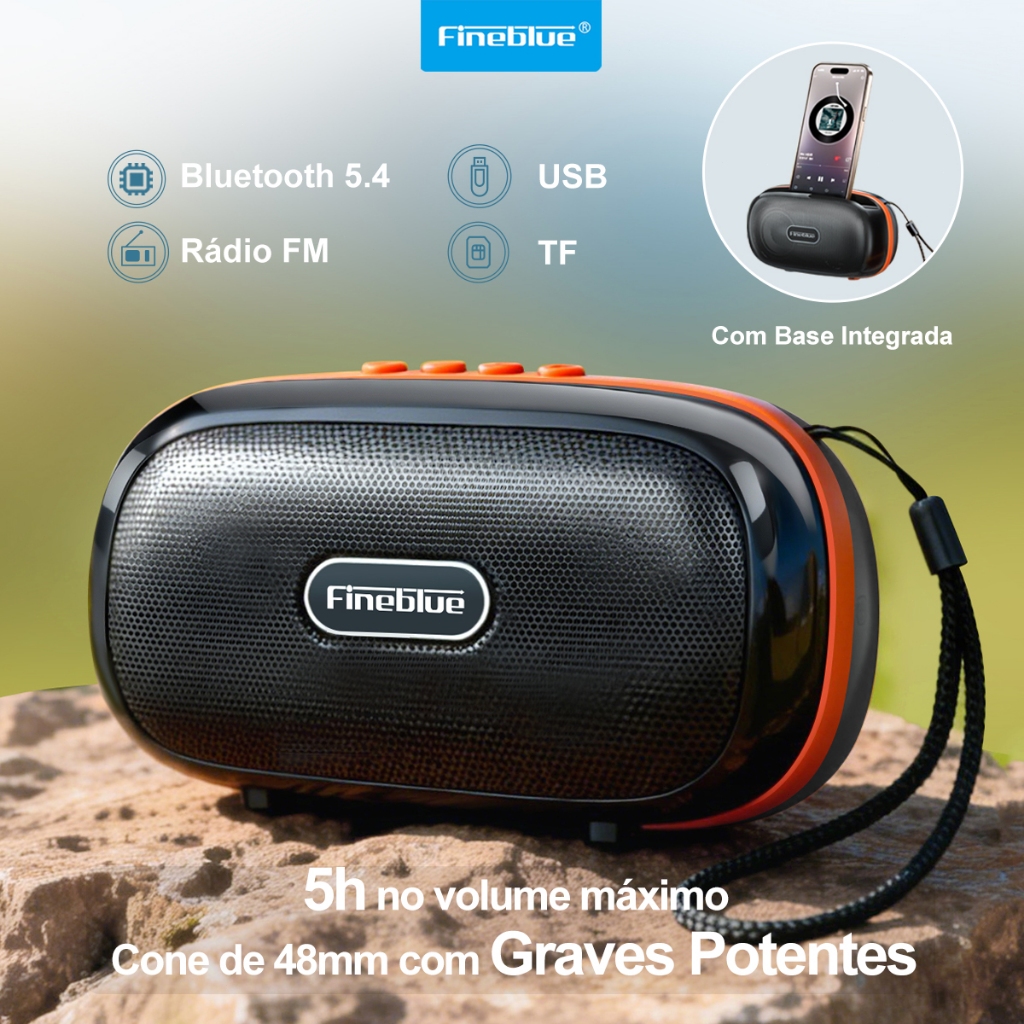 Fineblue ML100 Caixa Som Bluetooth Portátil Grave Poderoso Grave Poderoso Radio FM TWS IPX4 com Alça
