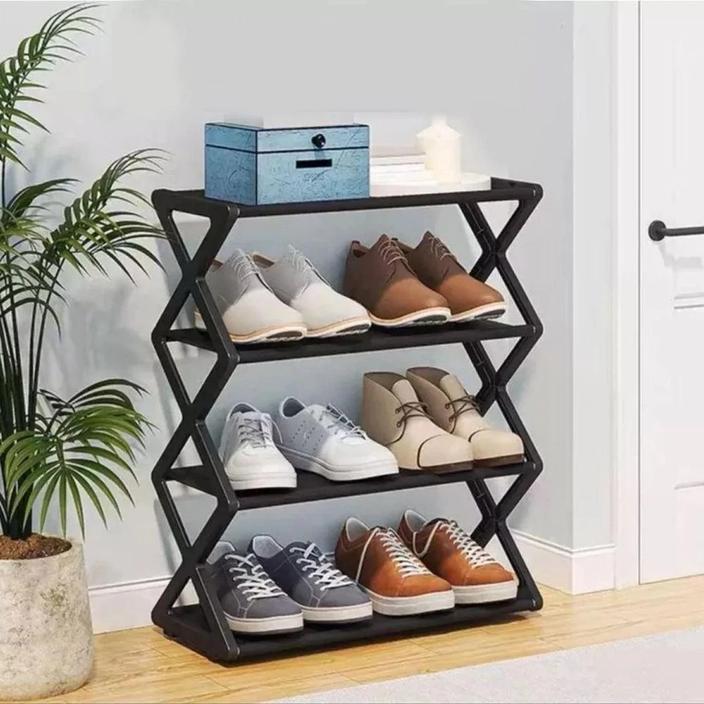 Sapateira 4 Andares Multiuso 8 Pares Plástico Preto Branco Organização Compacta Armazenamento