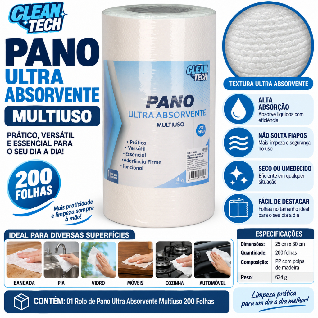Pano ultra absorvente multiuso 200 folhas CLEAN TECH rolo 25cm x 30cm