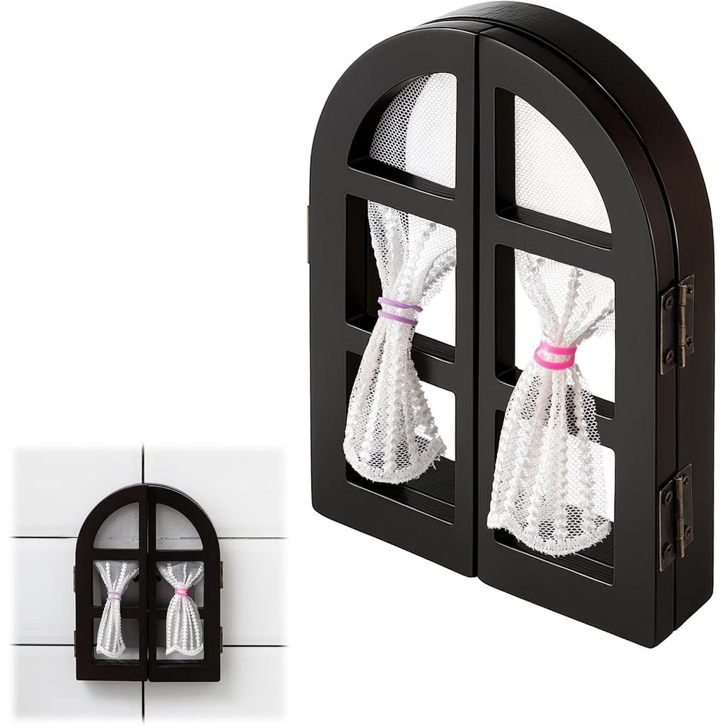 Huquary Fairy Door Outlet Cover, Cute Black Wooden Light Switch Cover with Lace Curtains, Adhesive Fairycore Wall Decor