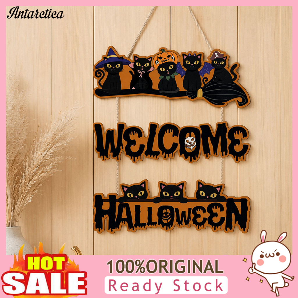 Natural Wood Halloween Decor Retro Home Wooden Door Sign Black Cats Broom Front Hanger Rustic Welcome Window Wall
