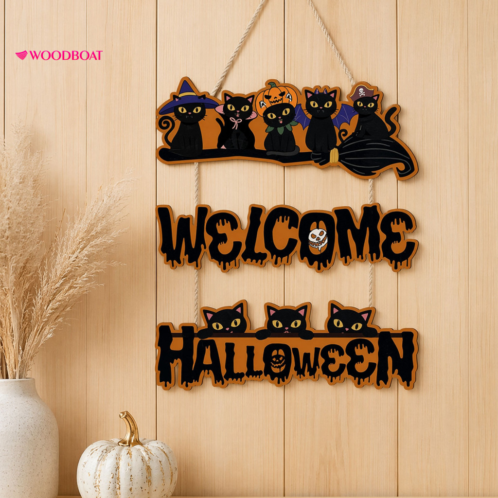 Nordic Style Halloween Sign Natural Wood Decor Wooden Door Black Cats Broom Front Hanger Rustic Welcome Home Window Wall