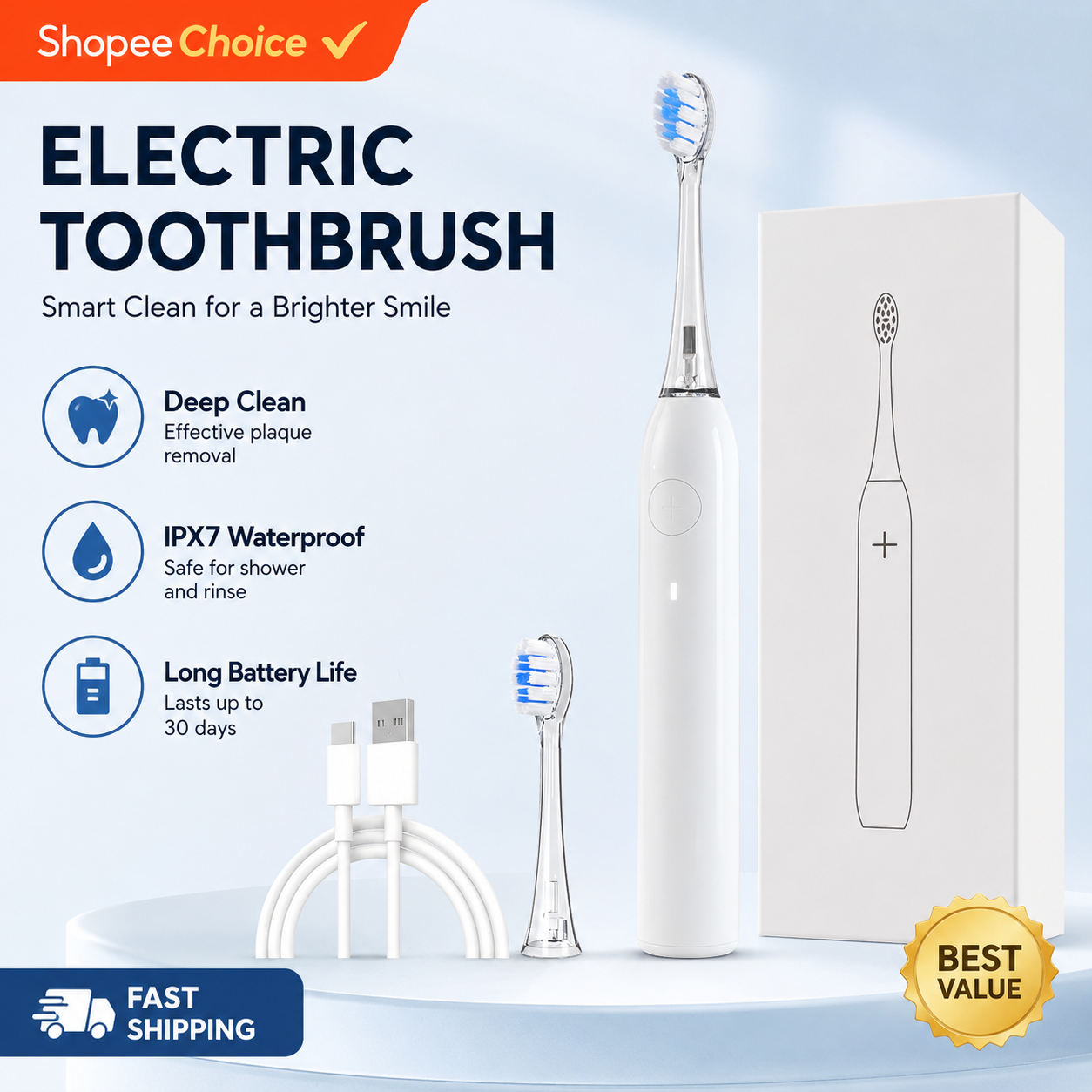 Escova de Dentes Elétrica IPX8 à Prova d'Água com Cabeça Macia Recarregável Tipo-C
