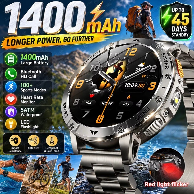 Smartwatch Relógio Inteligente 1.7'Tela HD 1400mAh Bateria IPX8 À Prova Dwaterproof Água 120 + Esportes SOS LED BT Chama