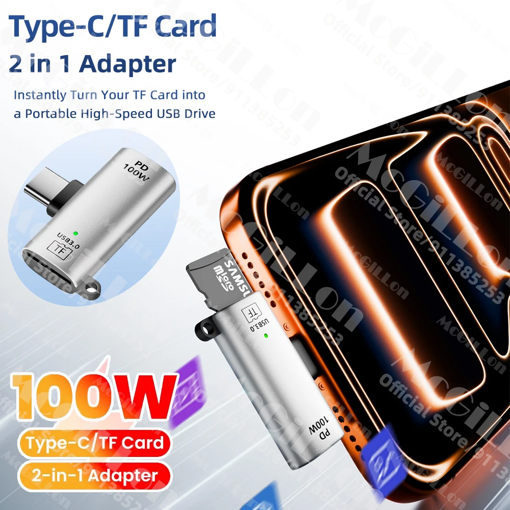 2 in 1 USB C OTG PD100W Fast Charging Type C to TF Card Reader Adapter Memory Card OTG Reader for iPhone Huawei PC Laptop Tablet