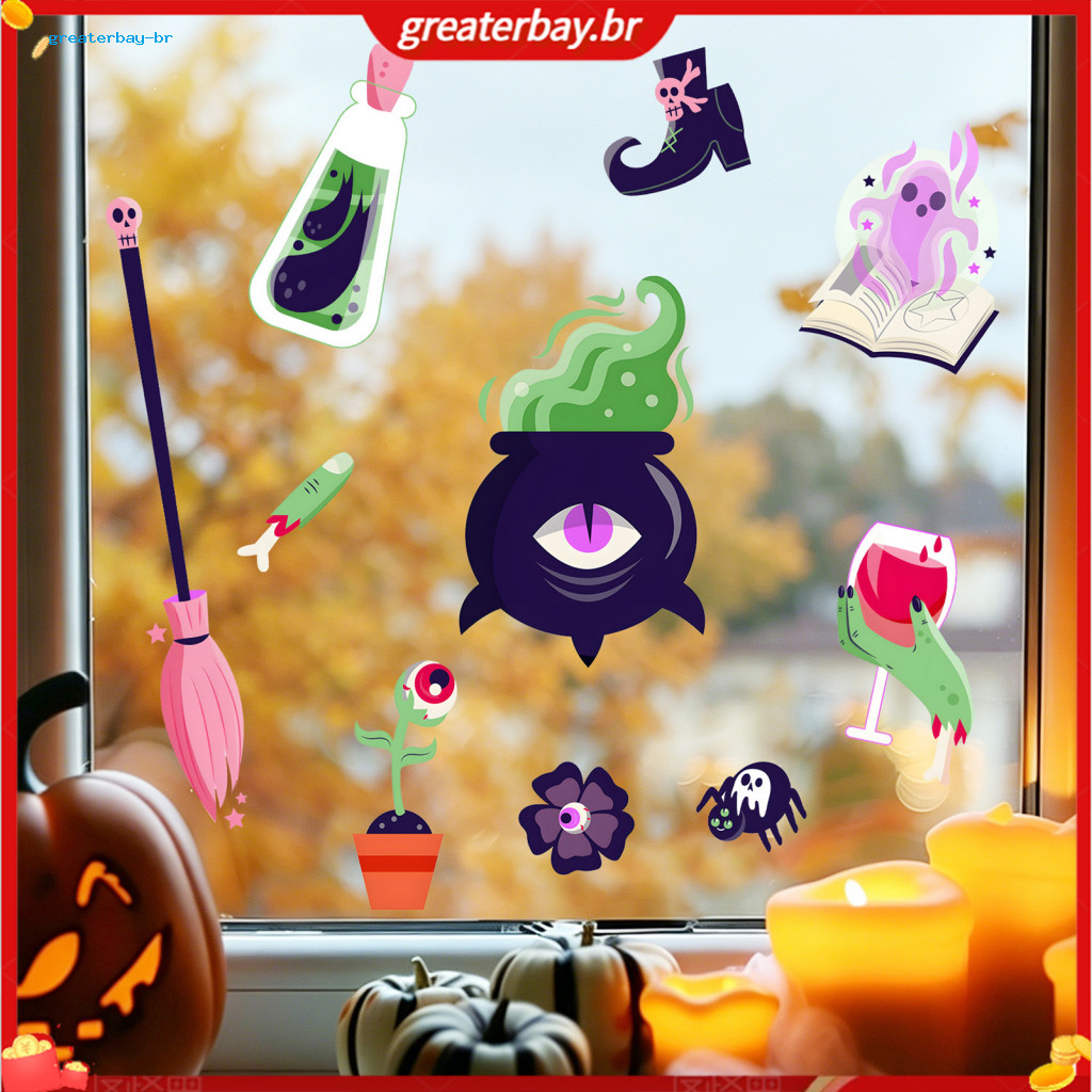 Halloween Window Stickers Cute Pumpkin Witch Hat Decals No Residue Pvc Magical Pattern for Kids Room Glass Wall Decorati