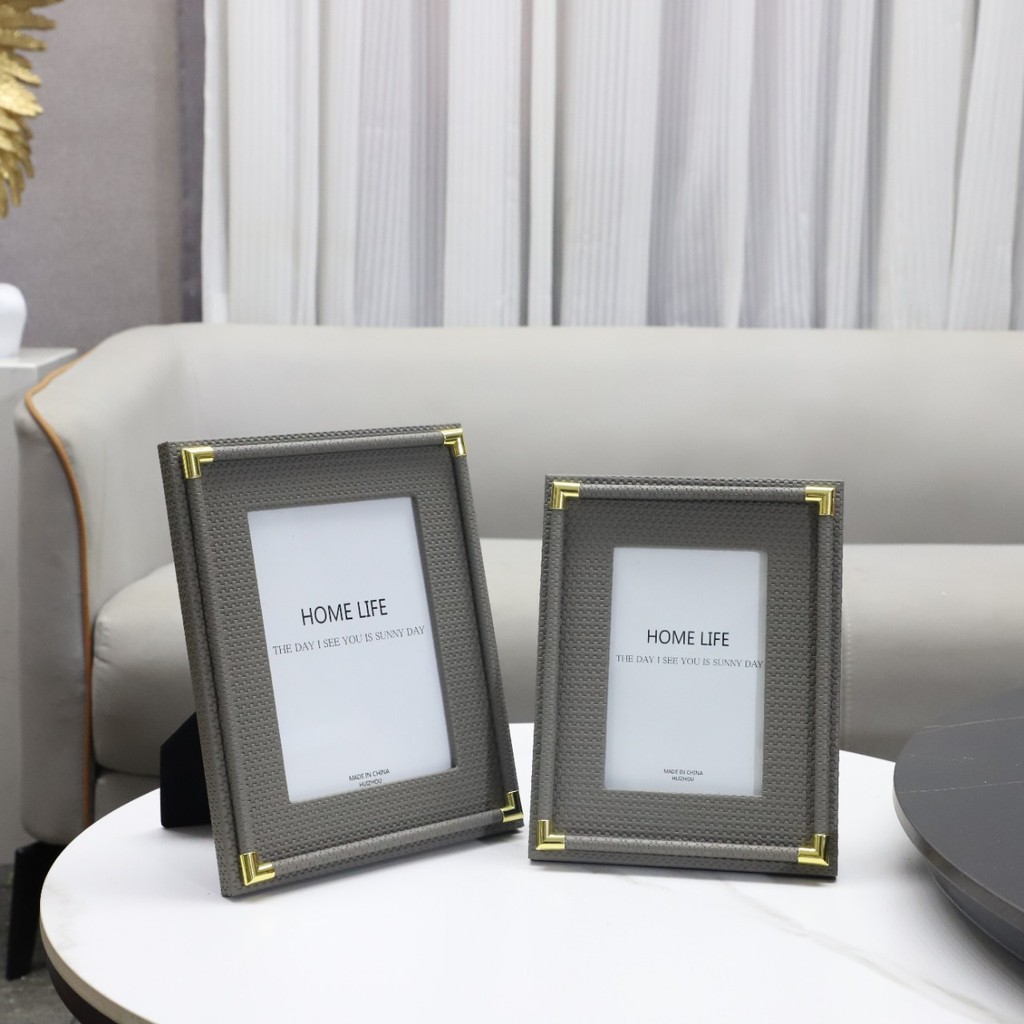 635P Nordic-style minimalist woven-pattern leather and metal photo frame, decorative piece for living room, bedroom, ent