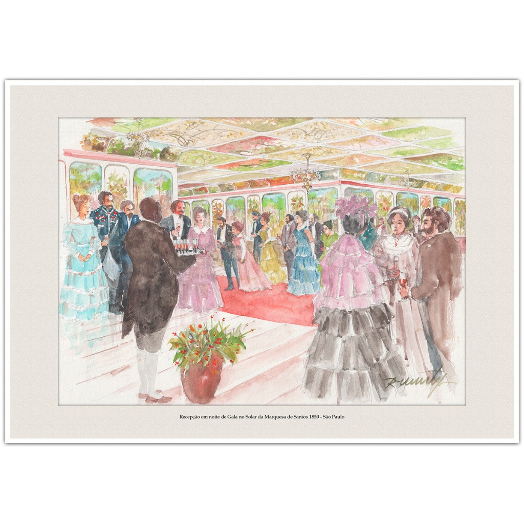 Noite de Gala no Solar da Marquesa de Santos São Paulo 1850 | Arte Aquarela Quadro Decorativo | A4