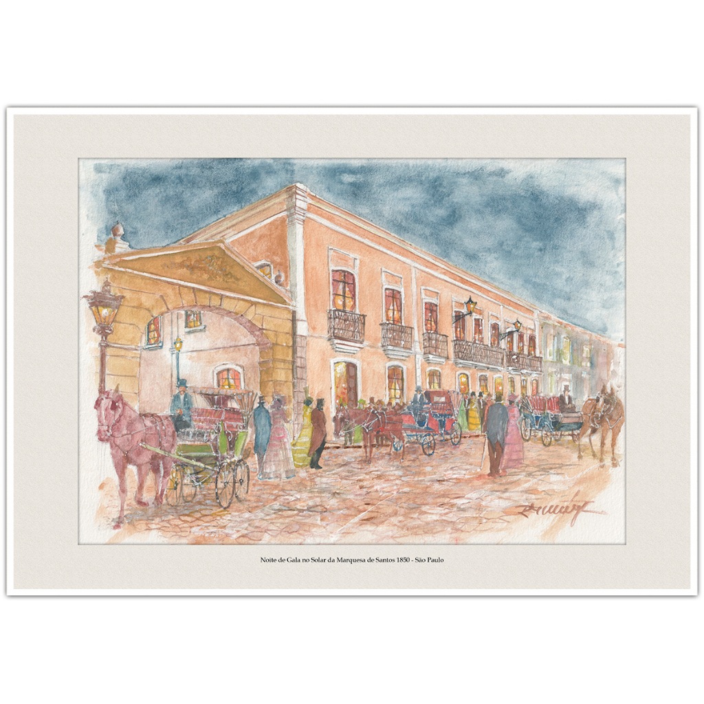 Noite de Gala no Solar da Marquesa de Santos 1850 - São Paulo | Arte Aquarela Quadro Decorativo A4