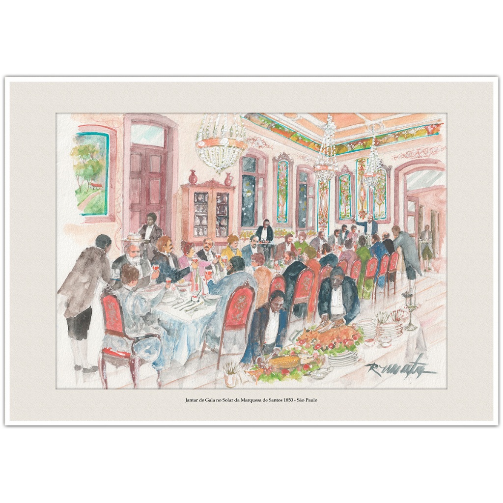 Jantar de Gala no Solar da Marquesa de Santos 1850 - São Paulo | Arte Aquarela Quadro Decorativo A4