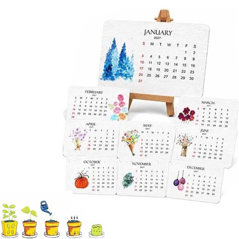 2027 Mini Desk Calendar With Easel Stand 12 Month Watercolor Plantable Seed Paper Cards For Desktop Planning