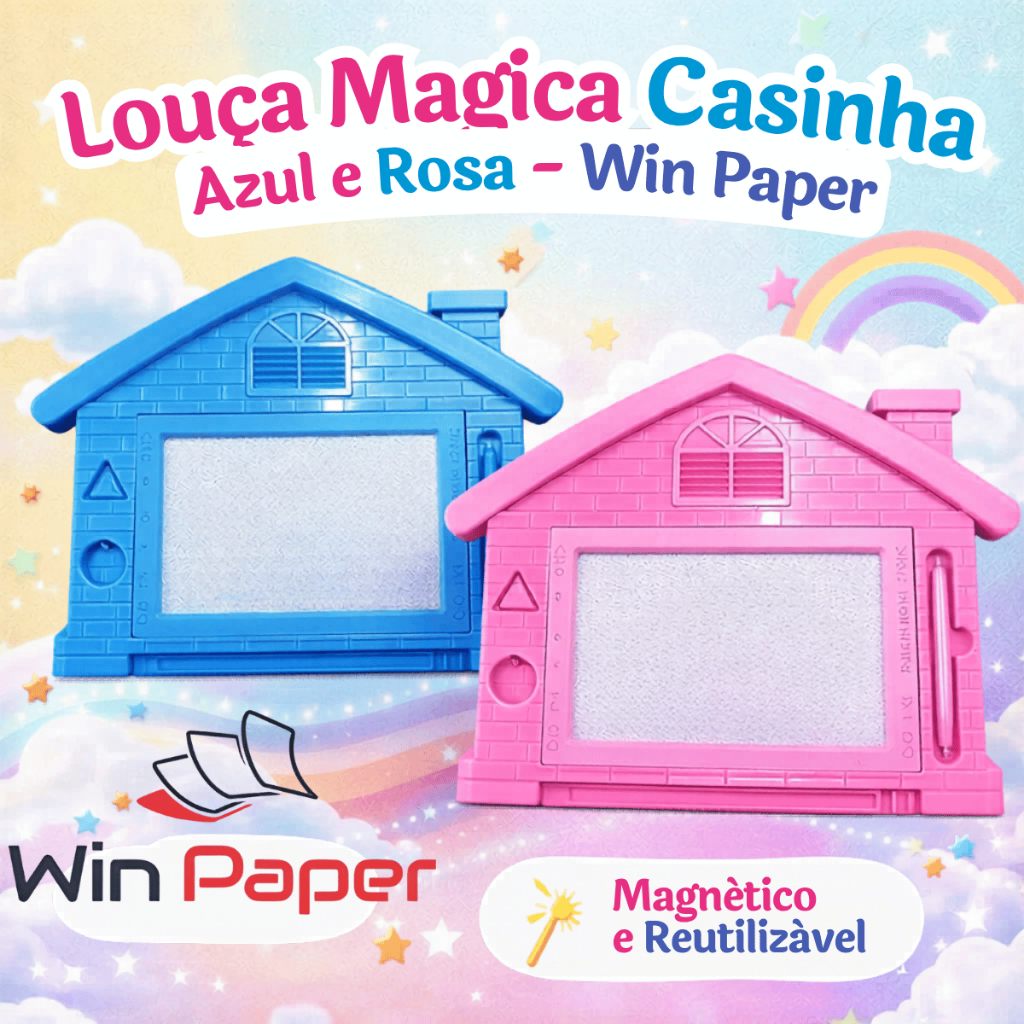 Lousa Mágica Casinha Azul e Rosa - Win Paper / Desenhar Apagar Criar / Brinquedo Infantil