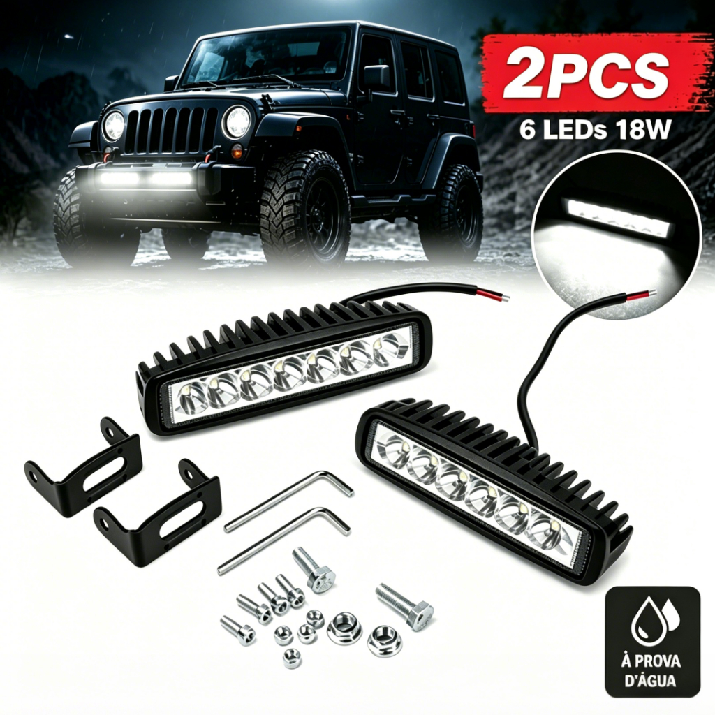Par Farol de Milha Auxiliar Barra Universal Carro 6 Leds 18w 12v 6000k A prova d'água Off Moto Road  suv Carro Caminhão