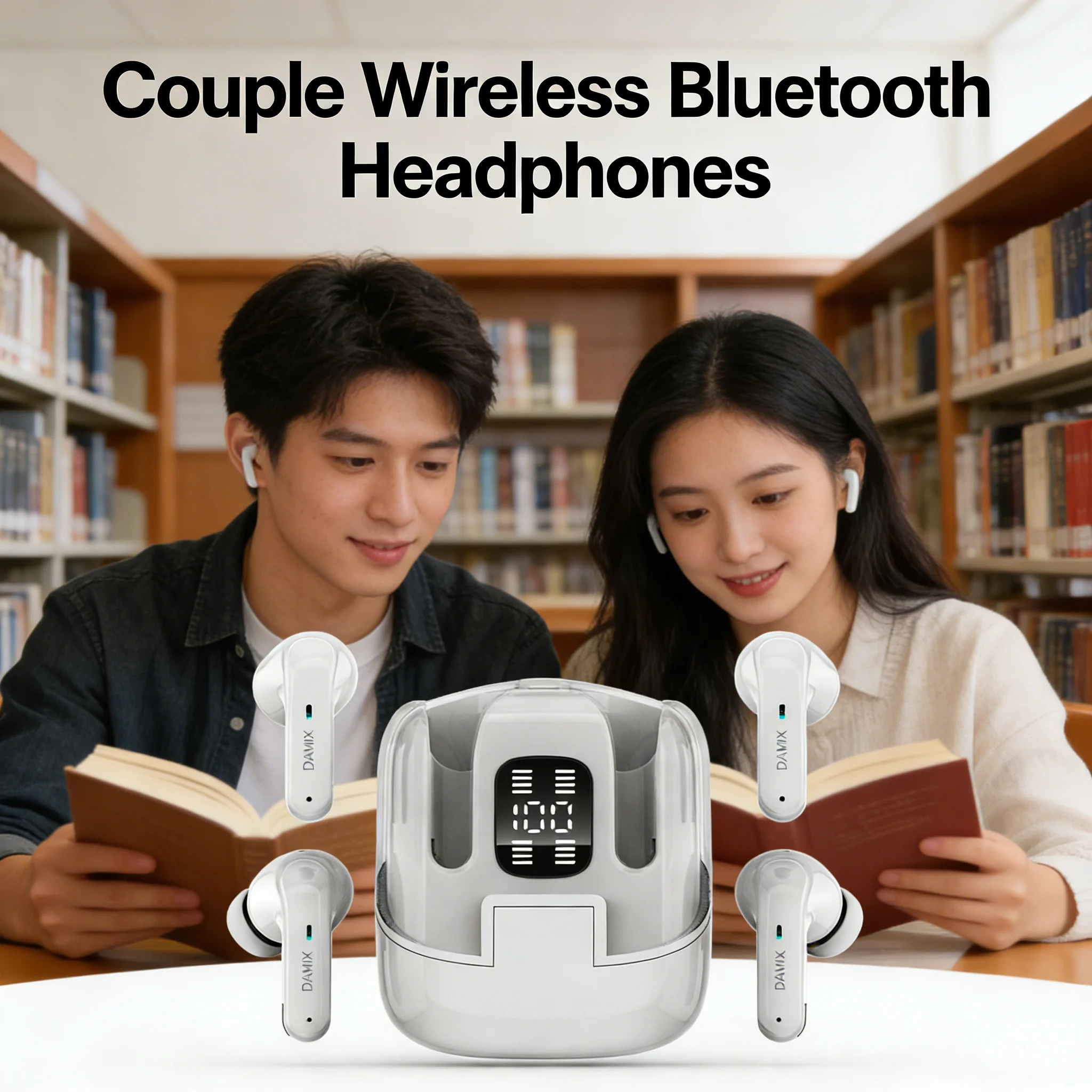 Couple Wireless Bluetooth Earbuds 2 Pairs of Earphones Share Music HIFI Stereo With LED Digital Display For Gaming Sports