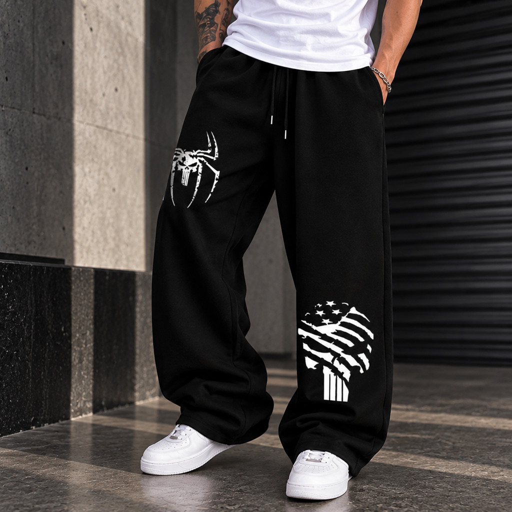Calça Moletom Wide Leg Pantalona Big Boy Streetwear Slim Style Skull Spider City Gótico Puni Sher Y2k Street
