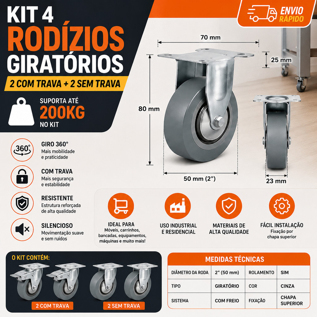 Kit 4 Rodízios Giratórios 2 Pol 200Kg 2 Com Trava 2 Sem Trava Para Móveis Bancadas Carrinhos Indústria Oficina