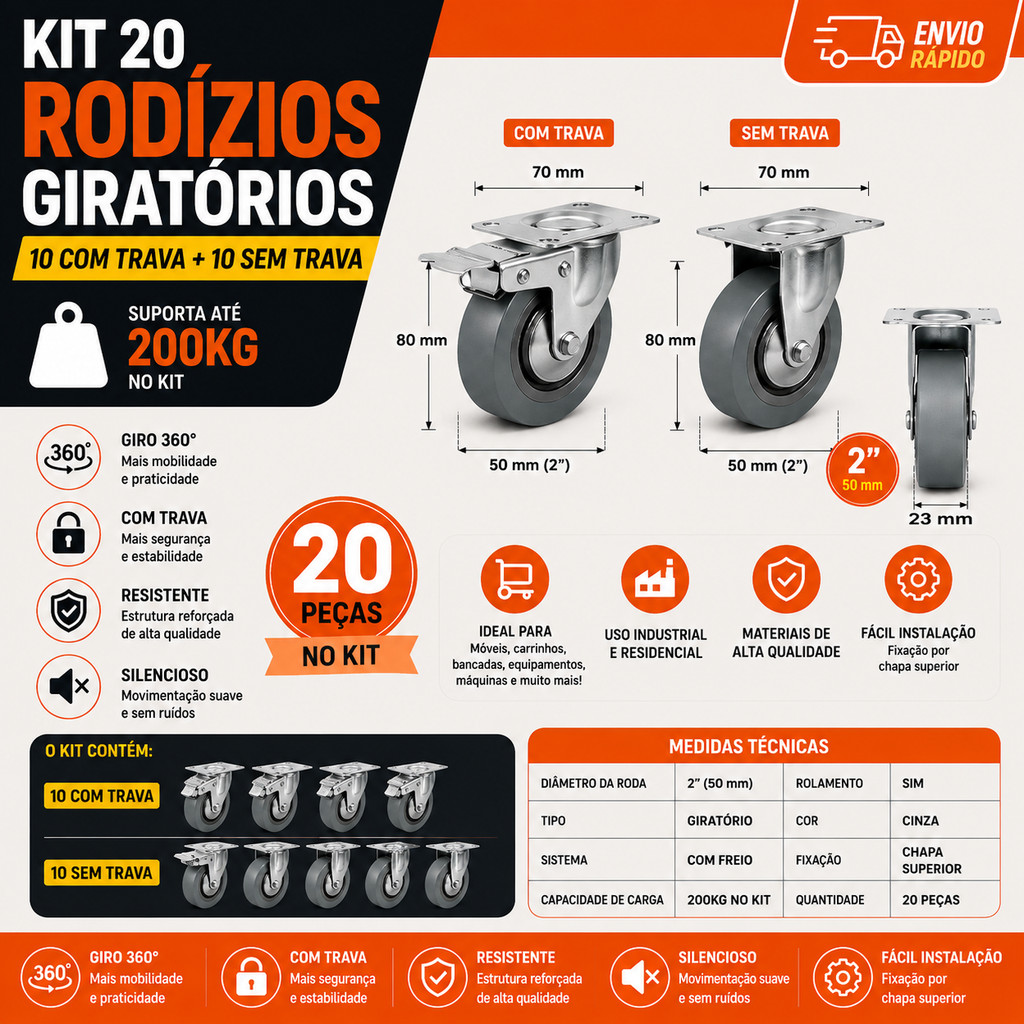 Kit 20/10 Un Rodízios Giratórios 2 Pol 200Kg 10 Com Trava 10 Sem Trava Para Móveis Bancadas Carrinhos Indústria Oficina