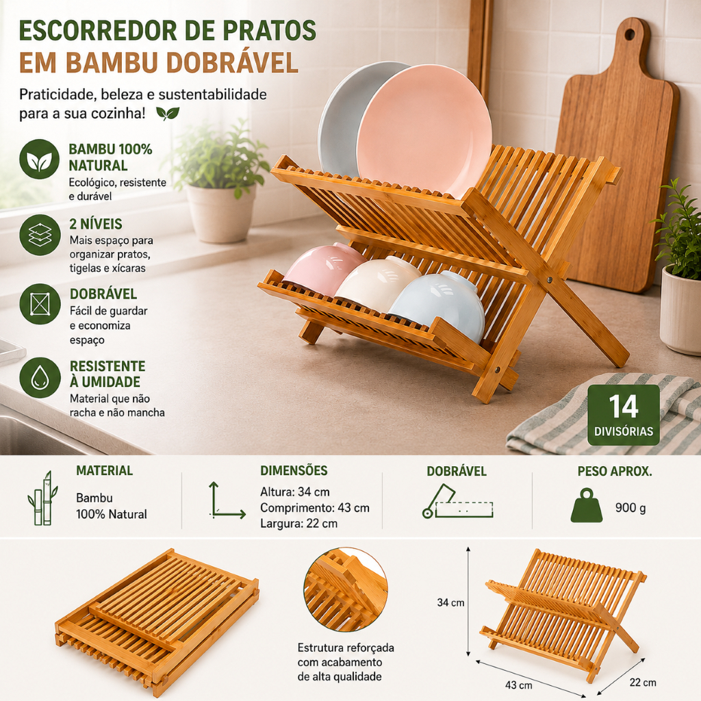 Escorredor De Pratos Bamboo Dobrável Compacto Ecológico Moderno Organizador Antimofo