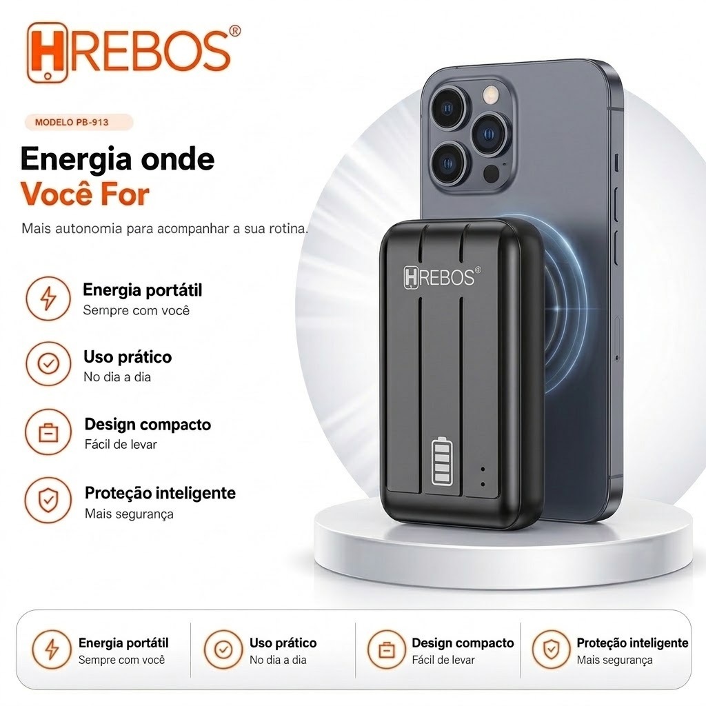 HREBOS Power Bank Magnético 10000mAh 10W Sem Fio USB-C USB Carregador Portátil para iPhone, Carga por Indução e Compacto