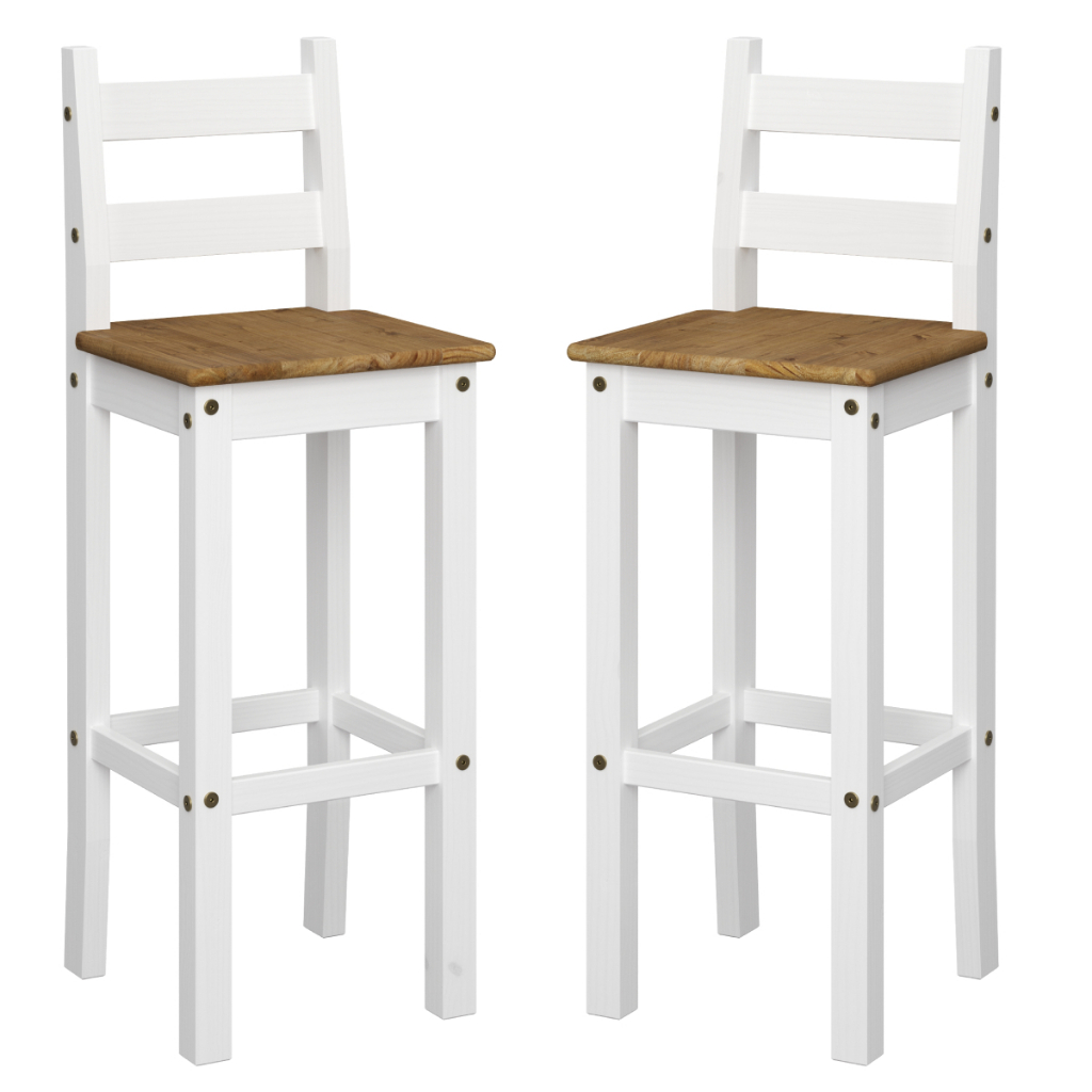 Conjunto 2 Banquetas Altas de Madeira com Encosto Branco Lavado e Marrom Antique – Corona White – Pense Dentro da Caixa