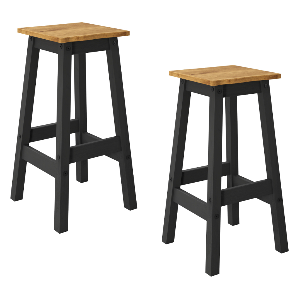 Conjunto 2 Banquetas Altas em Madeira Maciça Preto e Marrom Antique – Corona Black – Pense Dentro da Caixa