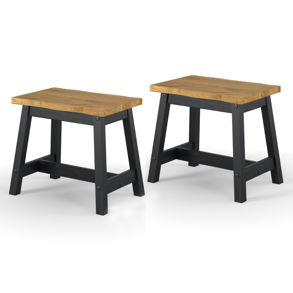 Conjunto com 2 Banquetas de Madeira Maciça Preto Lavado e Assento Marrom Antique | Pense Dentro da Caixa