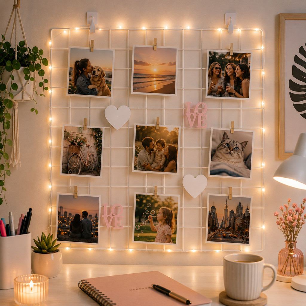 Porta Fotos Mural Memory Board Branco 60x80cm+Stickers 3D