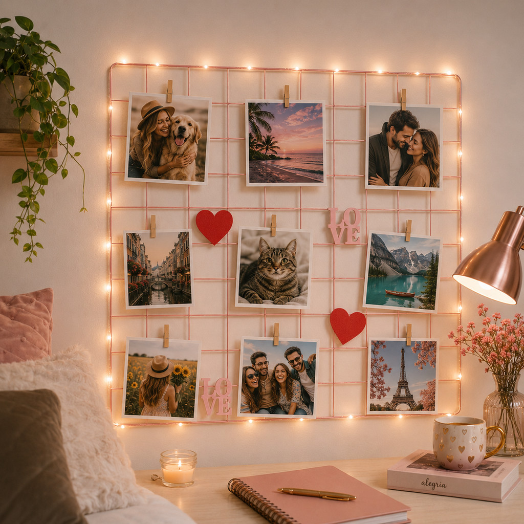 Painel Aramado Mural Memory Board Rosé 60x80cm + Stickers 3D