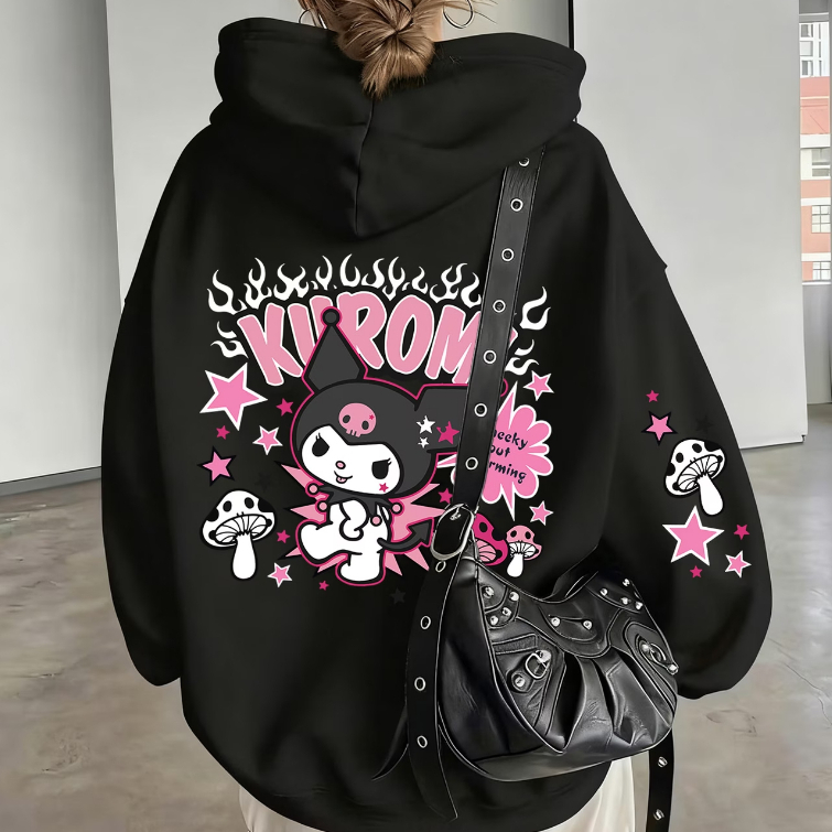 Moletom Canguru Blusa de Frio Bolso Capuz Kuromi Hello Kitty Rebelde Malvada Cute Teen Kids Cartoon