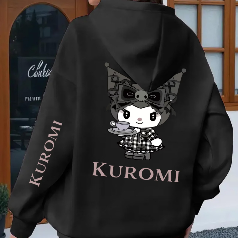 Moletom Canguru Blusa de Frio Bolso Capuz Kuromi Hello Kitty Rebelde Angry Cute Teen Kids Cartoon