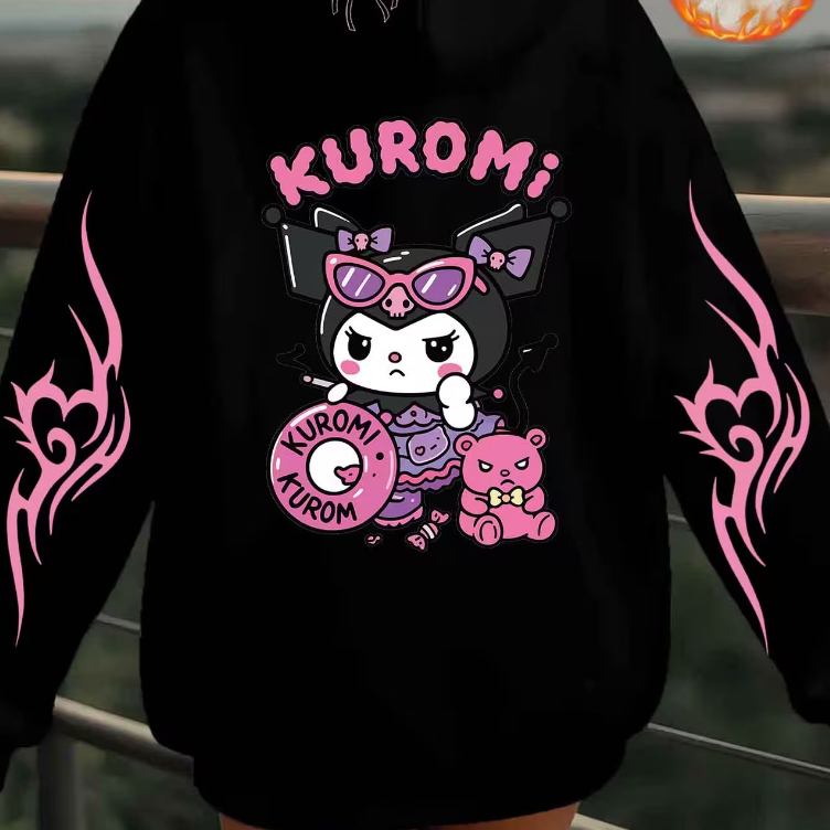 Moletom Canguru Blusa de Frio Bolso Capuz Kuromi Hello Kitty Dark Rebelde Cute Teen Kids Cartoon Emo