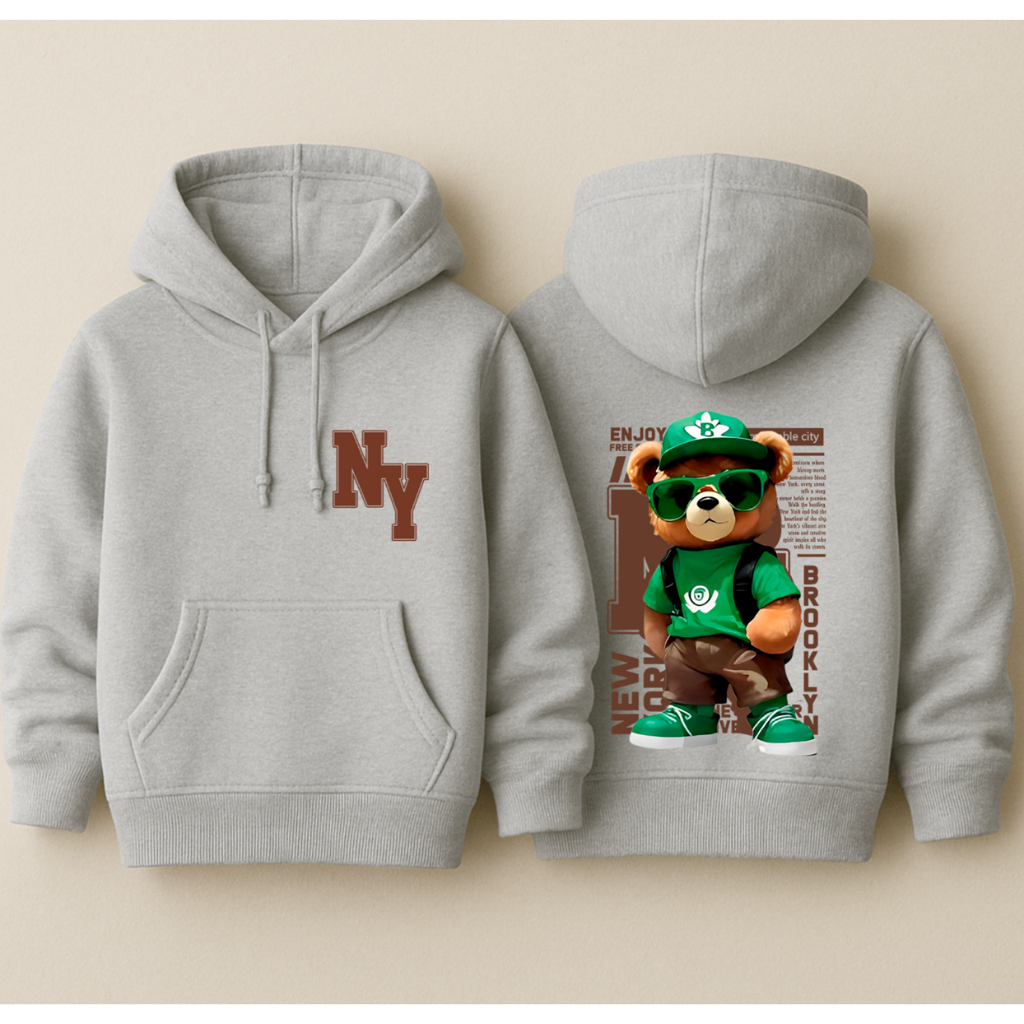 Moletom Infantil Canguru Flanelado Capuz e Bolso NY Cartoon Bear