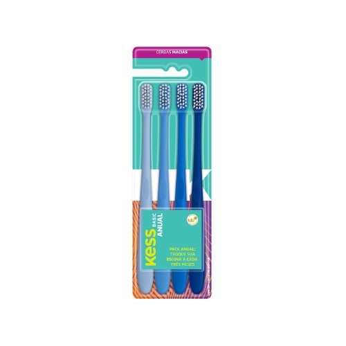 Escova Dental Kess Annual Macia Kit 4 Unidades Cerdas Macias Limpeza Suave Adulto