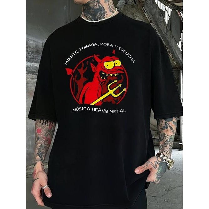 Camiseta gráfico diabo frase MIND DECEIVES STEAL AND LISTEN TO HEAVY METAL MUSIC gola redonda mangas curtas