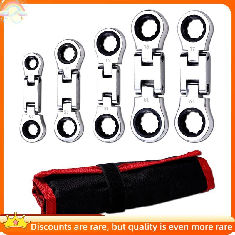 Conjunto De Chave De Catraca Stubby Flex-Head De 5 Peças Combinação Métrica SAE 72 Dentes , Chapeamento Com Bolsa De Rol