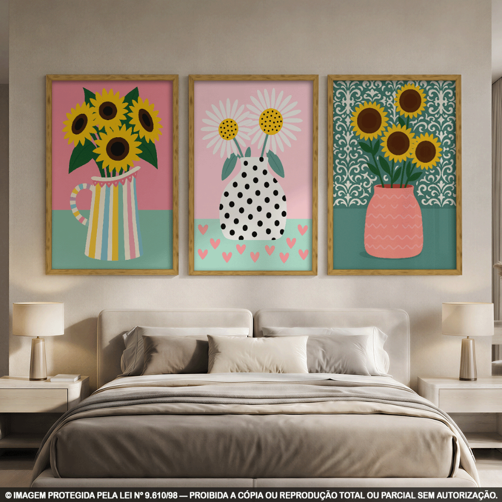 Kit 3 Quadros Decorativos Girassóis e Margaridas em Vasos – Arte Floral Retrô Colorida em Rosa, Verde e Amarelo para Sal