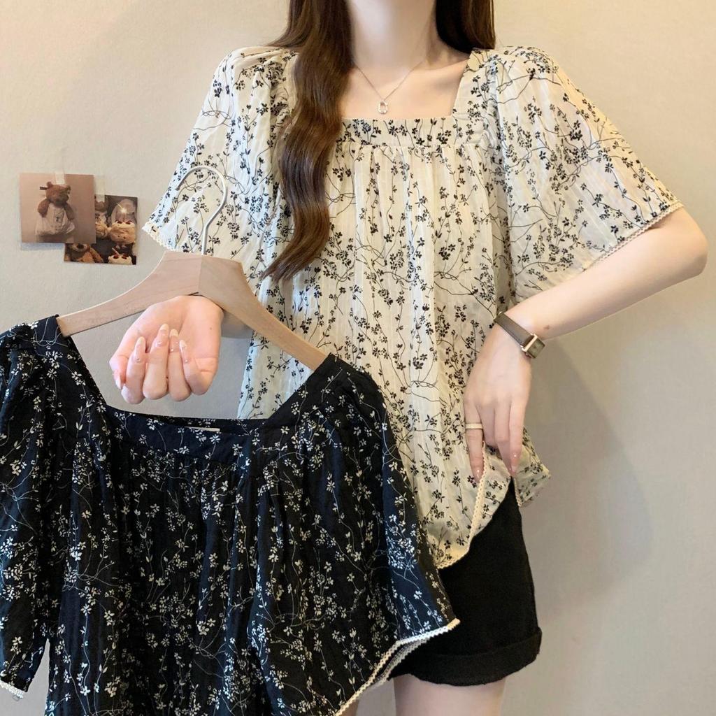 Tamanho grande francês Retro Floral camisa feminina verão novo estilo gordura mm solto mais magro olhar na moda mãe topo