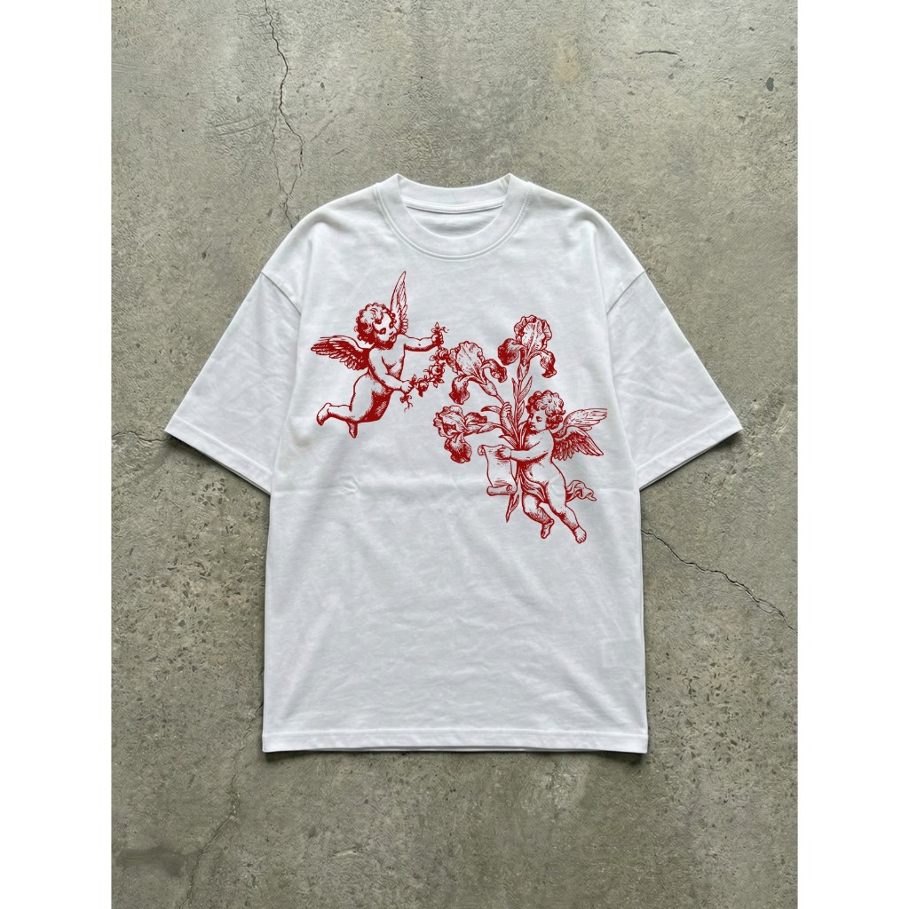 Camiseta Oversized Anjos Vintage Estampa Floral Retrô Unissex Streetwear Algodão