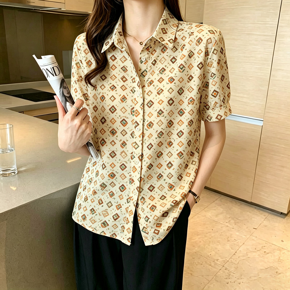 Camisa Feminina De Manga Curta Lapela Gola Vintage Geométrica Xadrez Listrado Estampa Floral Retrô Casual Escritório Art