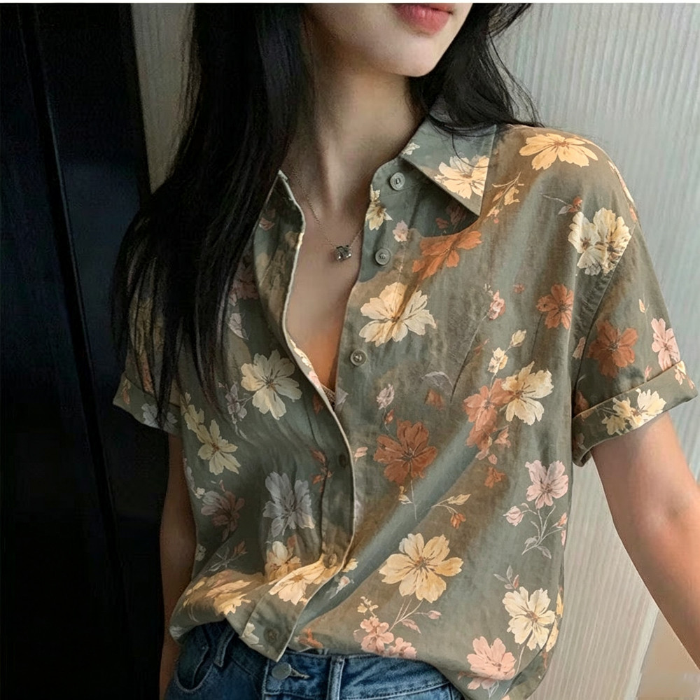 Senhoras Camisa De Manga Curta Lapela Gola Retro Floral Impressão Flores Silvestres Padrão Botão Frente Casual Topo Vint