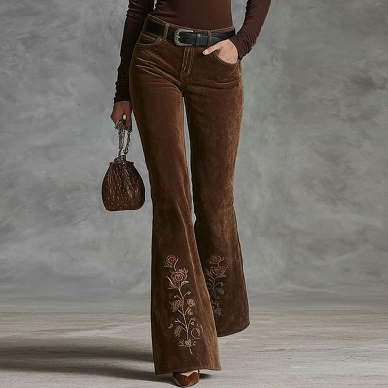 Calças de veludo cotelê compridas, com padrões florais e vegetais, estilo retrô bordado, flare, modeladoras, casuais e e