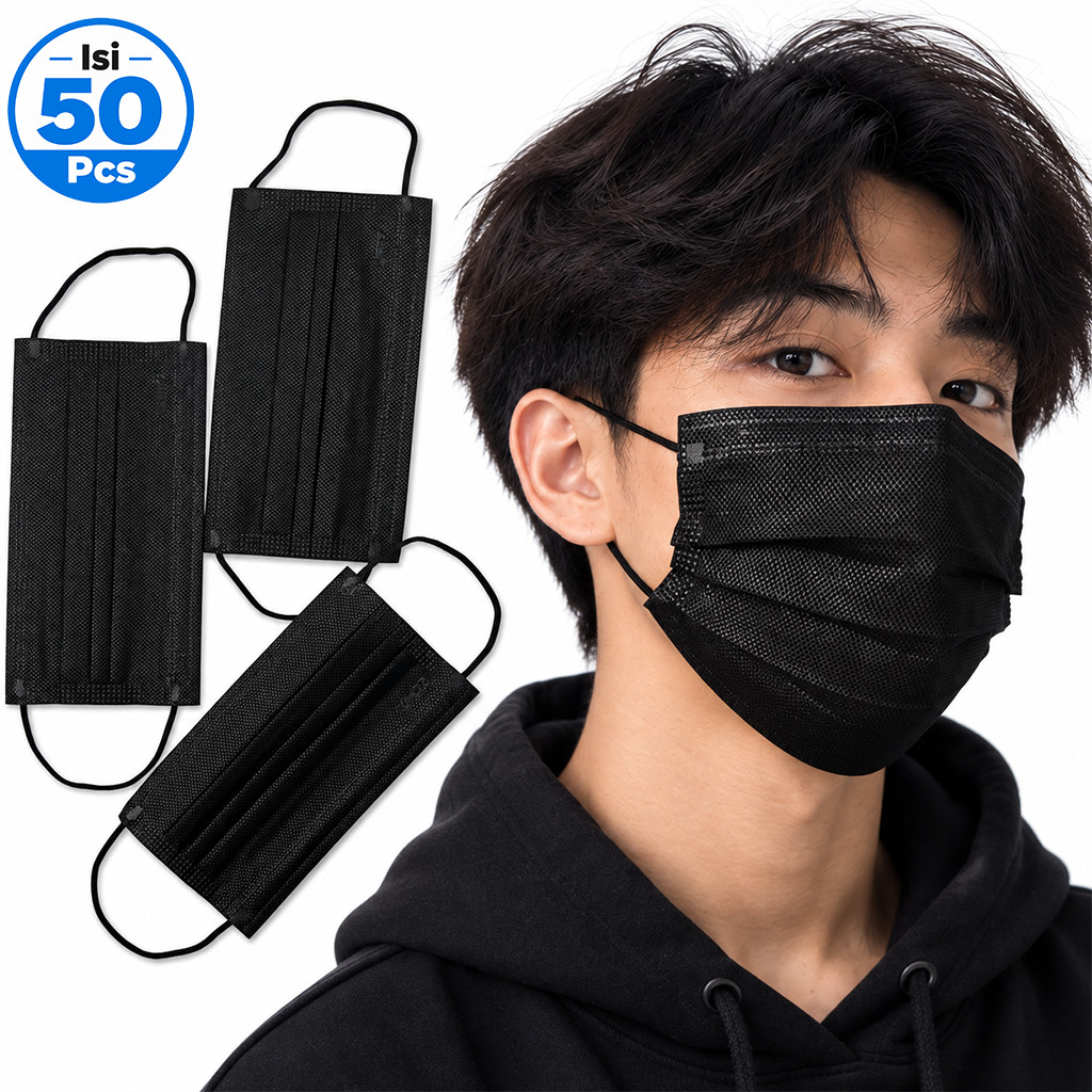 Máscara Facial Earloop De 3 Camadas Preta/Descartável Médica