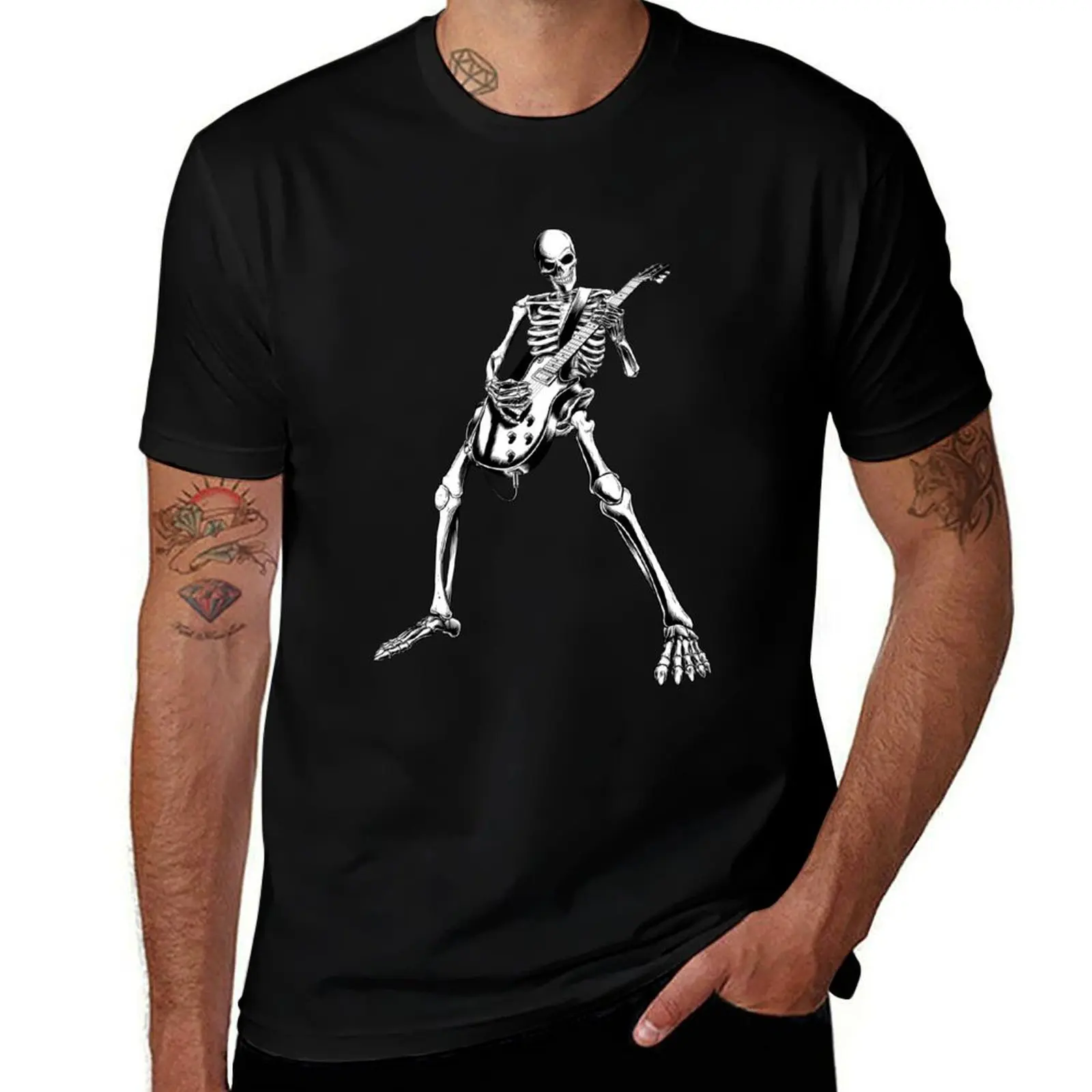 Skeleton Bones Dead Electric Guitar Player T-Shirt Retro Graphic Print T-Shirt
