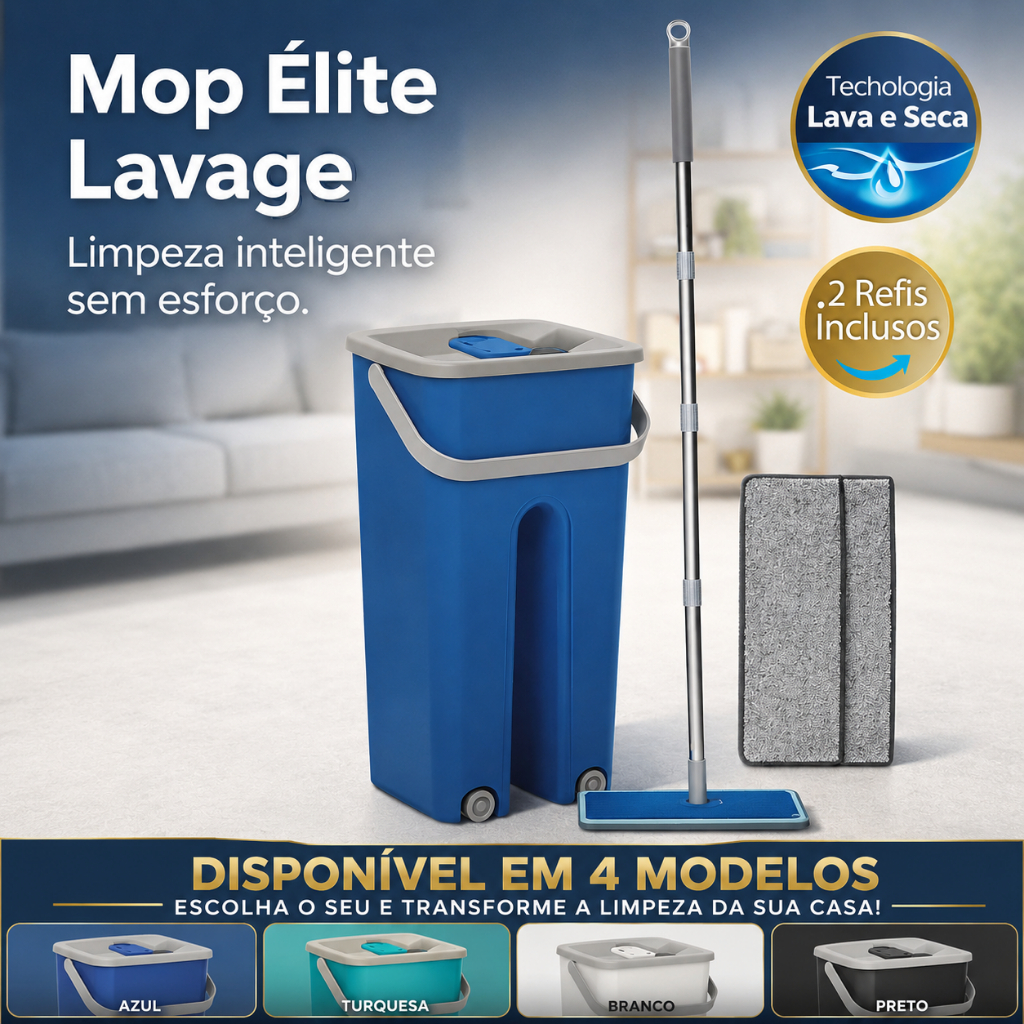Mop Élite Lavage Pro Flat Mop Lava e Seca com Balde + 2 Refis Microfibra Limpeza Prática Casa