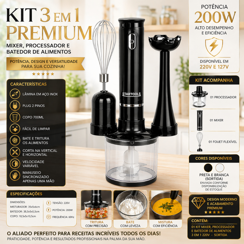 Kit Mixer 3 em 1 ChefMaster Pro Elite 200W Portátil Processador Batedor Copo 700ml Inox Potente 220v