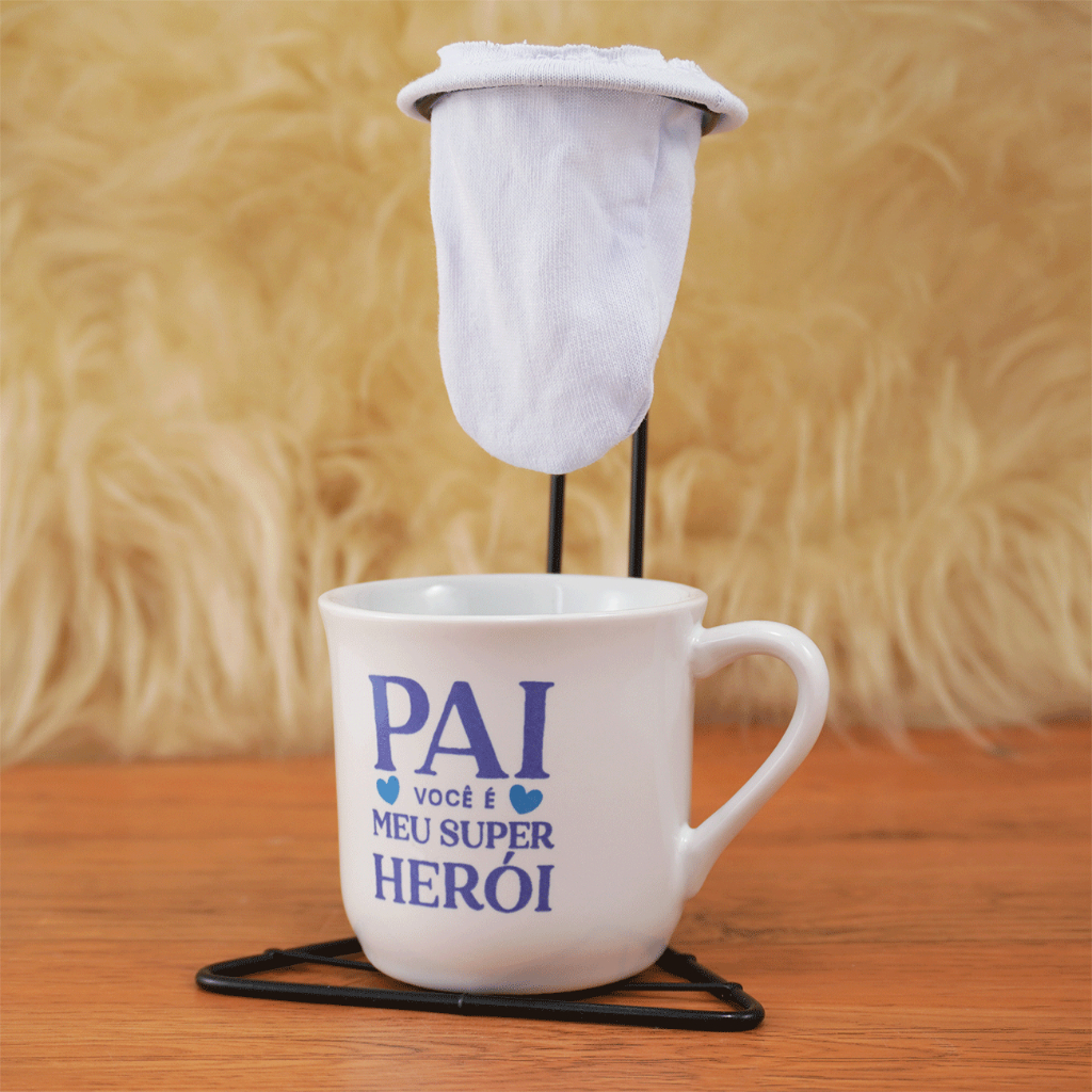 Kit Xícara Caneca Café Chá Ágata Porcelana 200ml + Mini Suporte Coador Pai Meu Super Herói