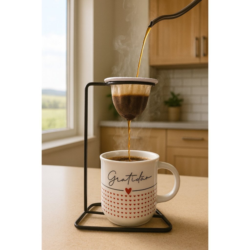 Kit Cafezinho individual Mini Coador de Café suporte metal Xícara Em Porcelana de 200 ml Coração Amor Gratidão Sucesso