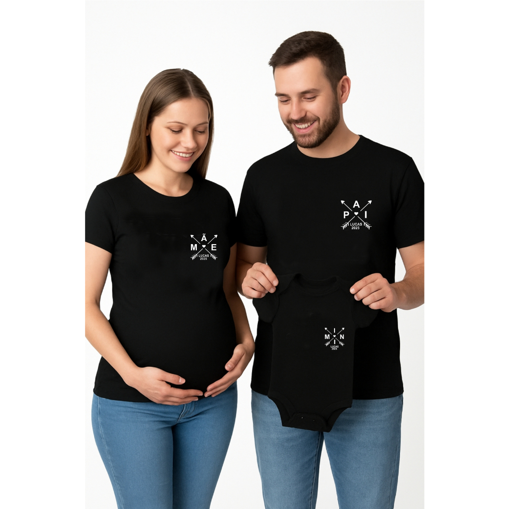conjunto Kit familia Tal pai mãe bebe mini com nome e ano data personalizado gravida gravidos