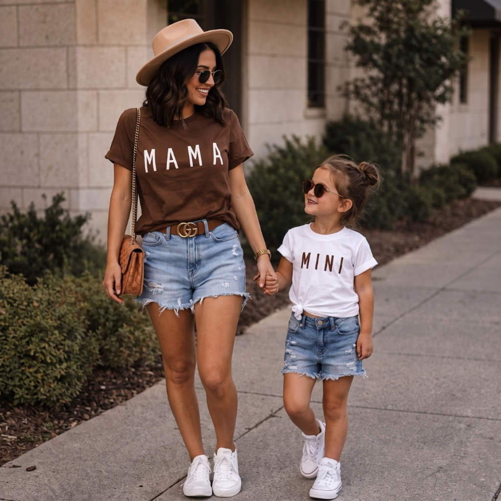 kit 2 Camisetas Conjunto Mãe e Filha T-Shirt Algodão Fio 30.1 Mama Mini Marrom